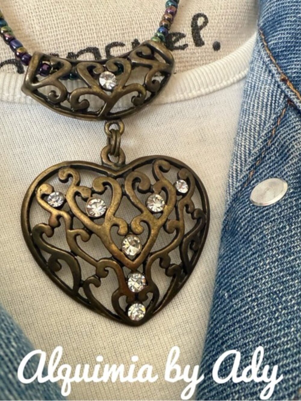HEIRLOOM VIBE antique Brass Filigree Heart Necklace Multicolor Beaded Chain - Picture 2 of 2